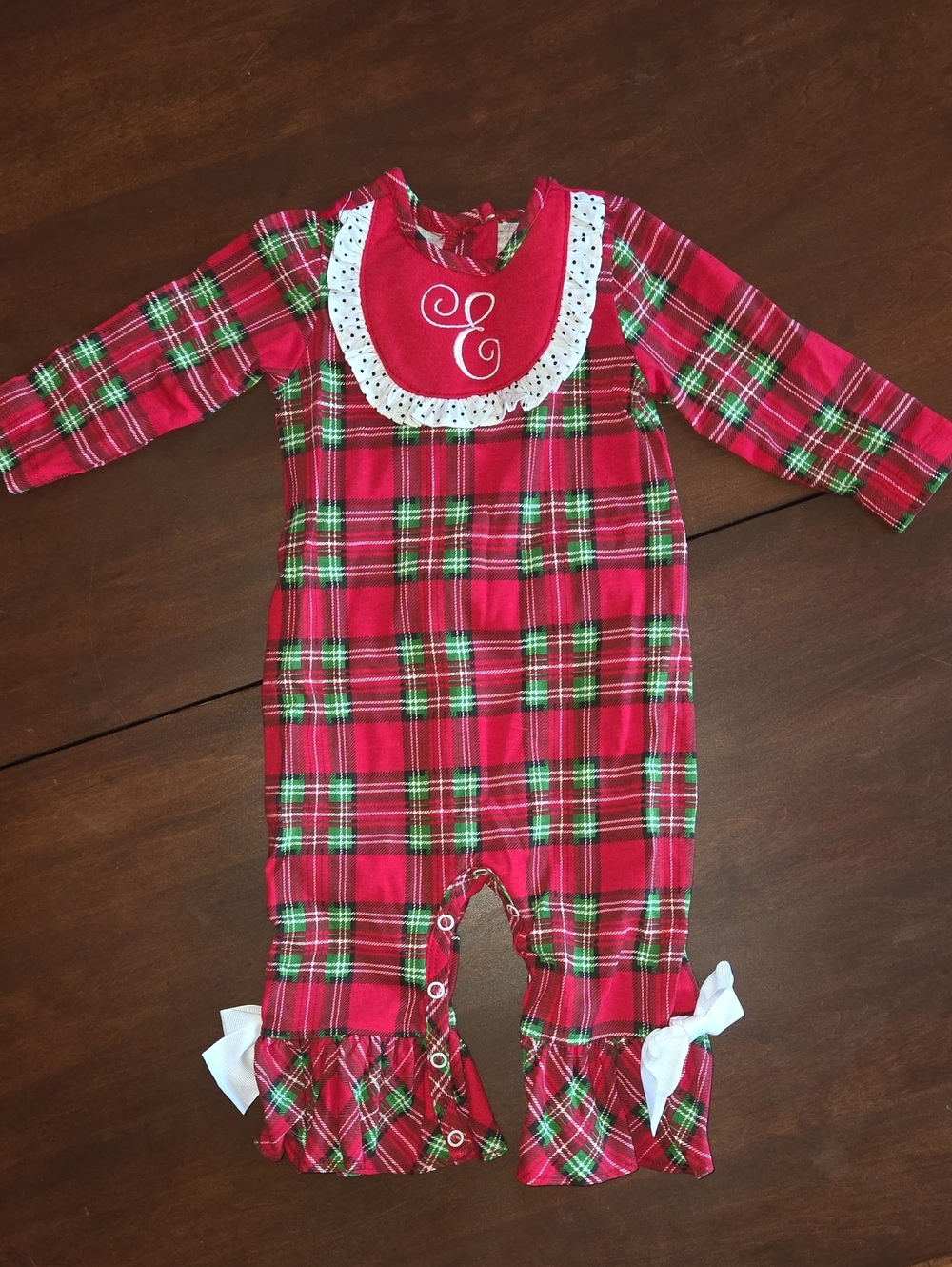 Red Plaid Baby Footie One-Piece with Monogram Bib